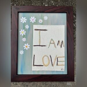 Original Framed Art “I Am Love” Beaded & Rhinestone Acrylic Floral Wall Decor
